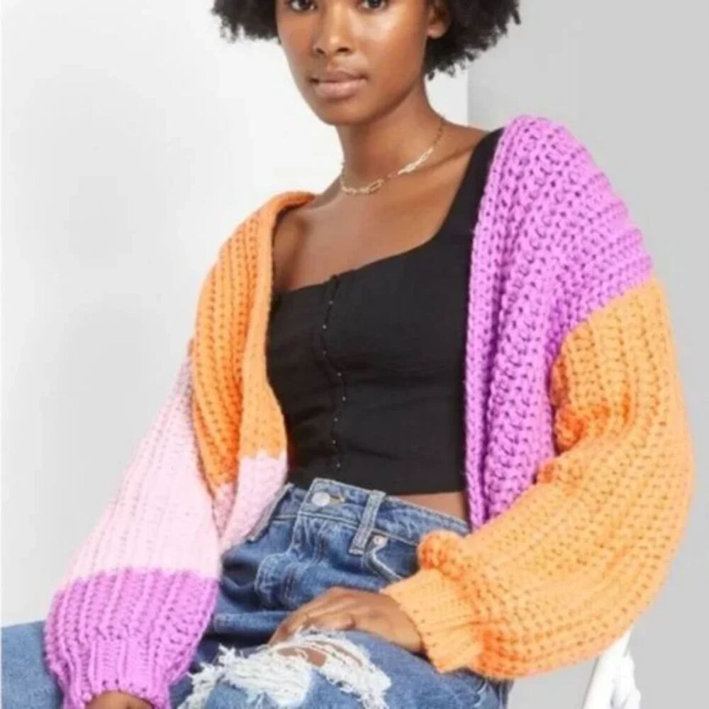 Wild Fable Purple Orange Chunky Knit Cropped Cardigan Sweater Size S
